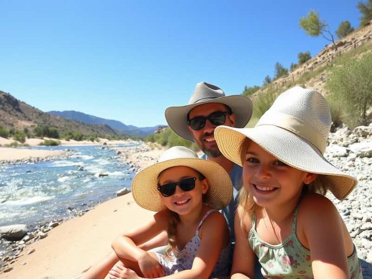 Familia con sombreros y crema solar en Gredos